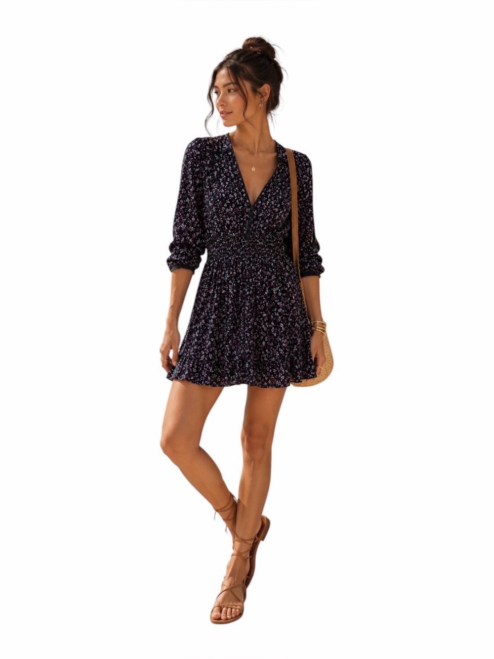 The Kooples Floral Smocked Mini Dress Black Purple Long Sleeve Size 1